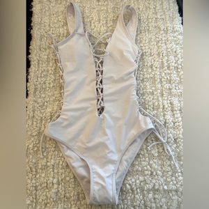 New / Never Worn with Sticker - White Lace Up One Piece Swimsuit - Size S